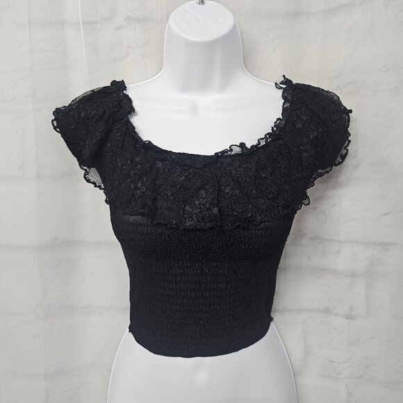 Vintage Andy Blanco Blouse Black Y2K Lace Whimsigoth Coquette Smocked S - Picture 8 of 9